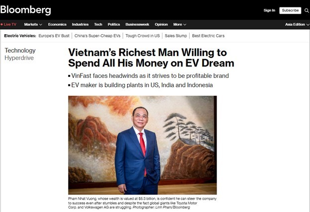 Bloomberg đăng bài phỏng vấn Chủ tịch Vingroup Phạm Nhật Vượng vào đúng ngày kỷ niệm 5 năm khánh thành nhà máy VinFast.