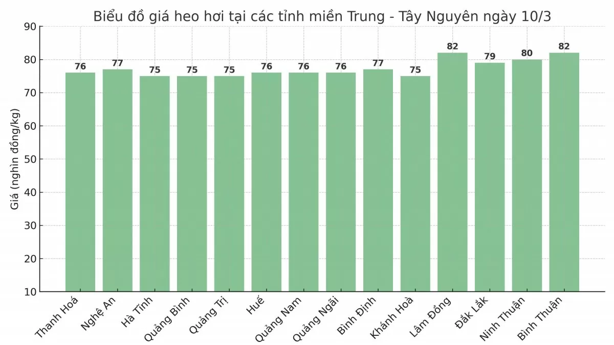 Biểu đồ giá heo hơi tại các tỉnh miền Trung - Tây Nguyên ngày 10/3. Biểu đồ giá heo hơi tại các tỉnh miền Trung - Tây Nguyên ngày 10/3.