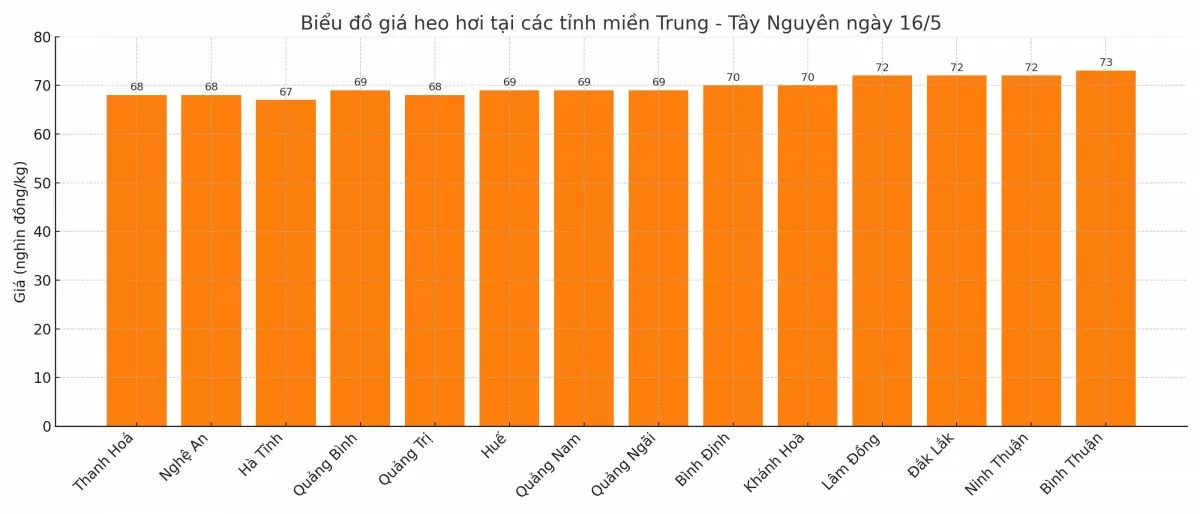 Biểu đồ giá heo hơi tại các tỉnh miền Trung - Tây Nguyên ngày 16/5.