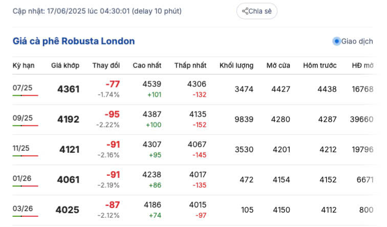 Giá cà phê Robusta London ngày 17/6/2025