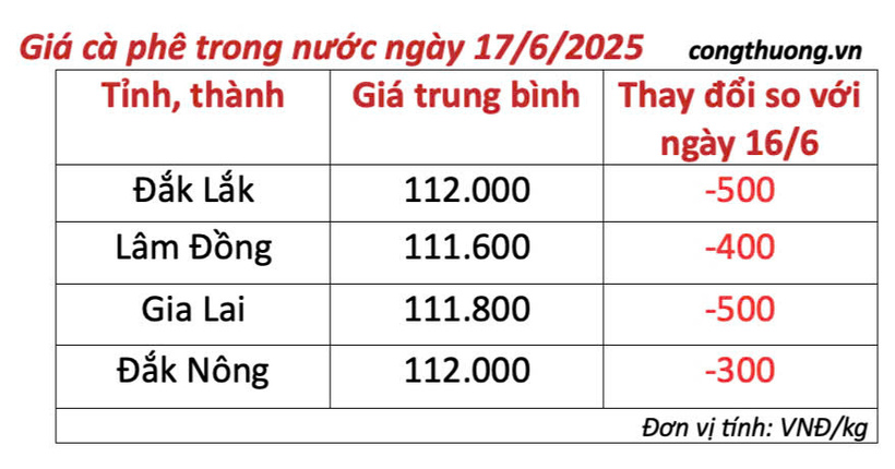 Bảng giá cà phê trong nước cập nhật sáng ngày 17/6/2025