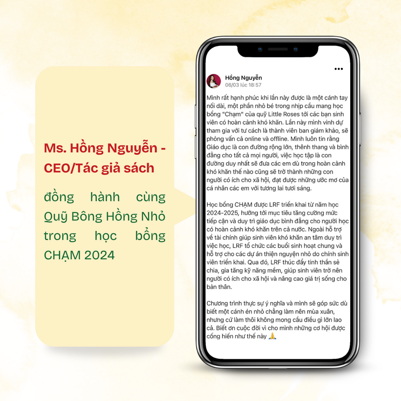CEO Hồng Nguyễn - Pinky House Việt Nam chia sẻ về dự án học bổng ý nghĩa và cơ hội đồng hành cùng Quỹ Bông Hồng Nhỏ trên trang cá nhân. Ảnh: Đơn vị cung cấp