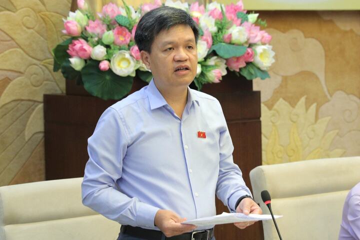 Phó Chủ nhiệm Ủy ban ban Khoa học, Công nghệ và Môi trường Tạ Đình Thi - Tổ trưởng Tổ giúp việc của Đoàn giám sát, trình bày một số nội dung cần quan tâm cho ý kiến tại cuộc làm việc. Ảnh: Hồ Long