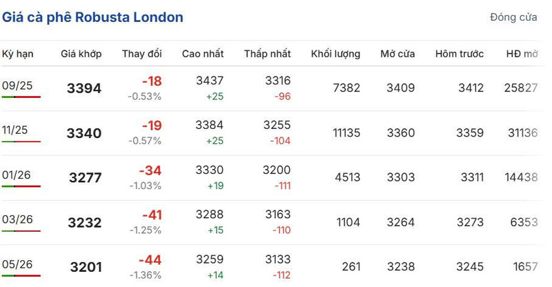 Giá cà phê Robusta London sáng ngày 7/8/2025
