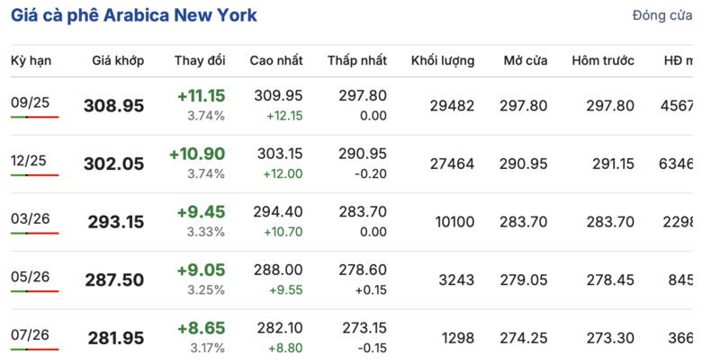 Giá cà phê được cập nhật trên sàn New York sáng ngày 11/8/2025