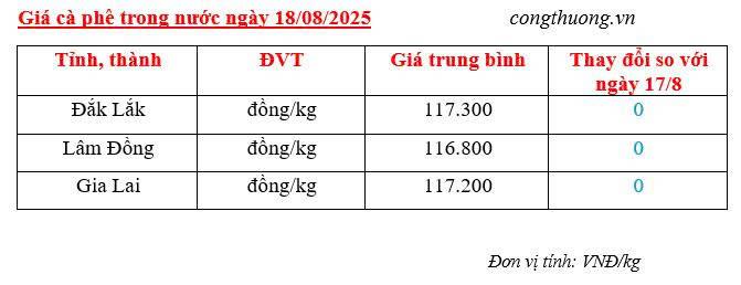 Bảng giá cà phê trong nước sáng ngày 18/8/2025