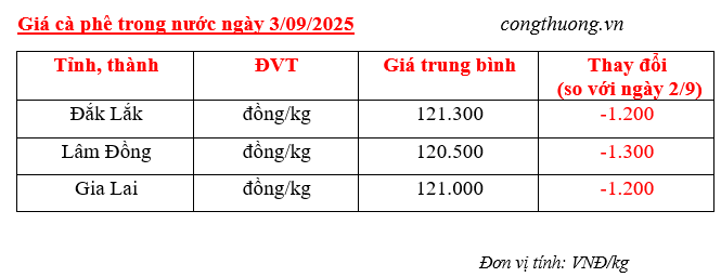 Bảng giá cà phê trong nước sáng ngày 3/9/2025