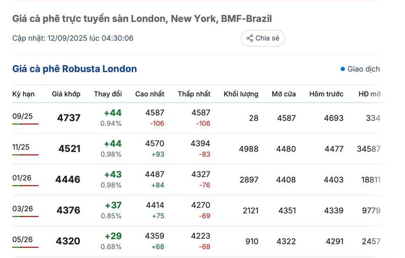 Giá cà phê Robusta London sáng ngày 12/9/2025