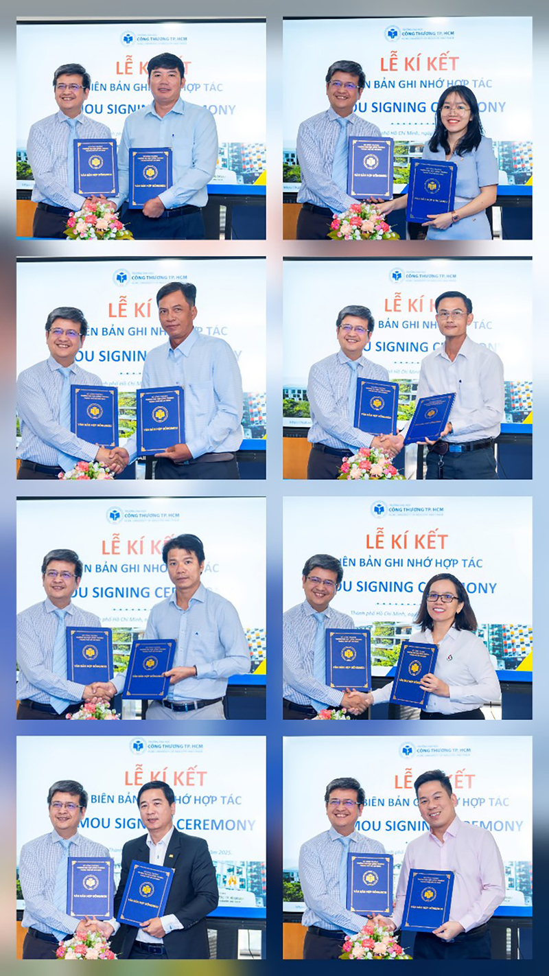Ký kết hợp tác giữ HUIT với 8 doanh nghiệp tiêu biểu trong lĩnh vực sinh học và môi trường. Ảnh: HUIT.