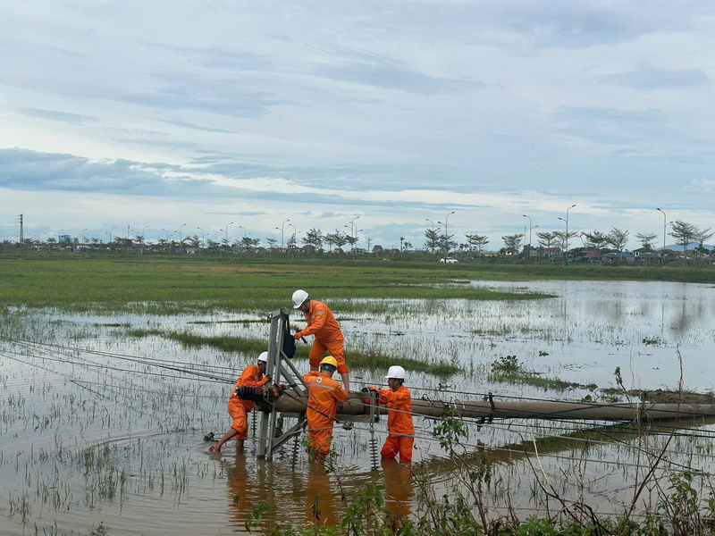 Nhiều vị trí cột điện bị đổ gãy nằm trên các vùng sình lầy, đồng ruộng gây khó khăn cho công tác khắc phục. Ảnh: EVN.