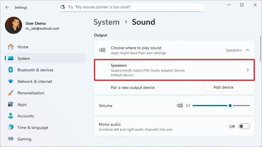 Giao diện chọn thiết bị đầu ra trong cài đặt âm thanh Windows 11