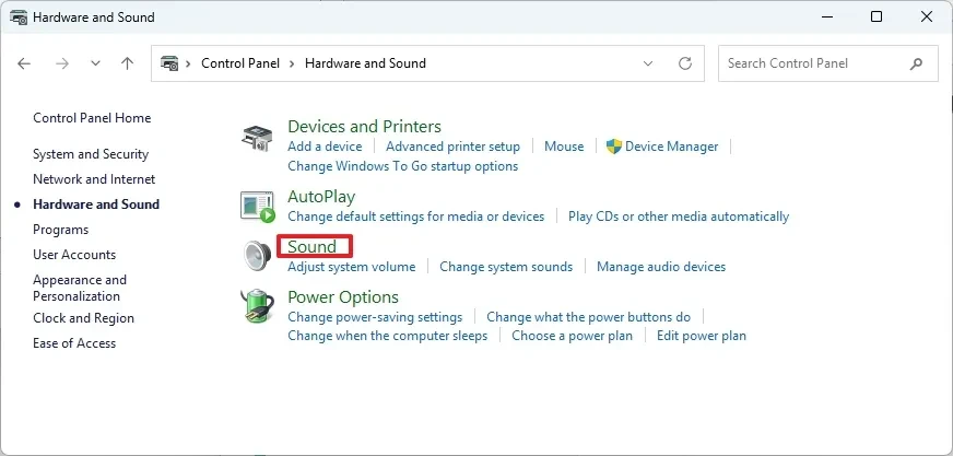 Mở bảng điều khiển Sound trong Control Panel