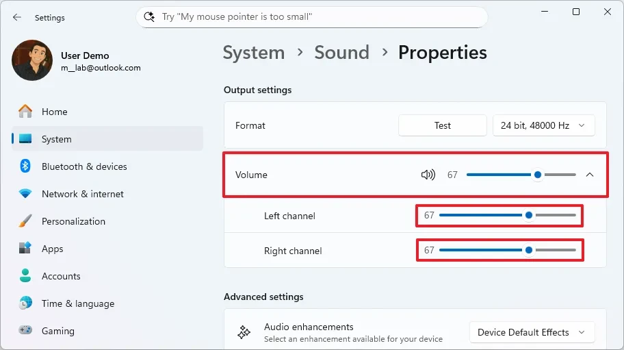 Điều chỉnh thanh trượt kênh trái và phải trong Settings
