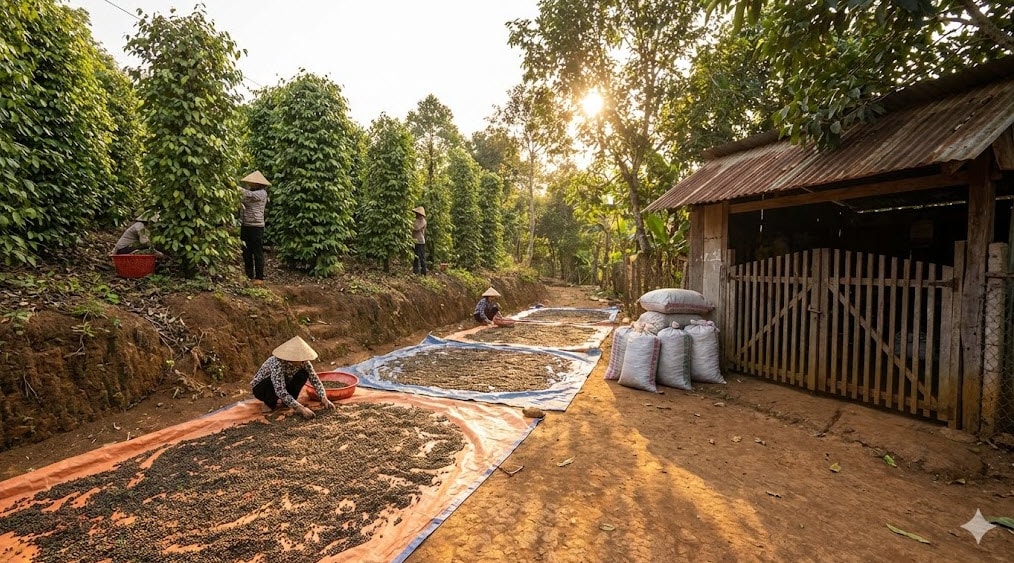 Nông dân thu hoạch và sơ chế hồ tiêu tại vùng chuyên canh khi thị trường bước vào giai đoạn giao dịch chậm trước Tết Nguyên đán - Ảnh minh họa