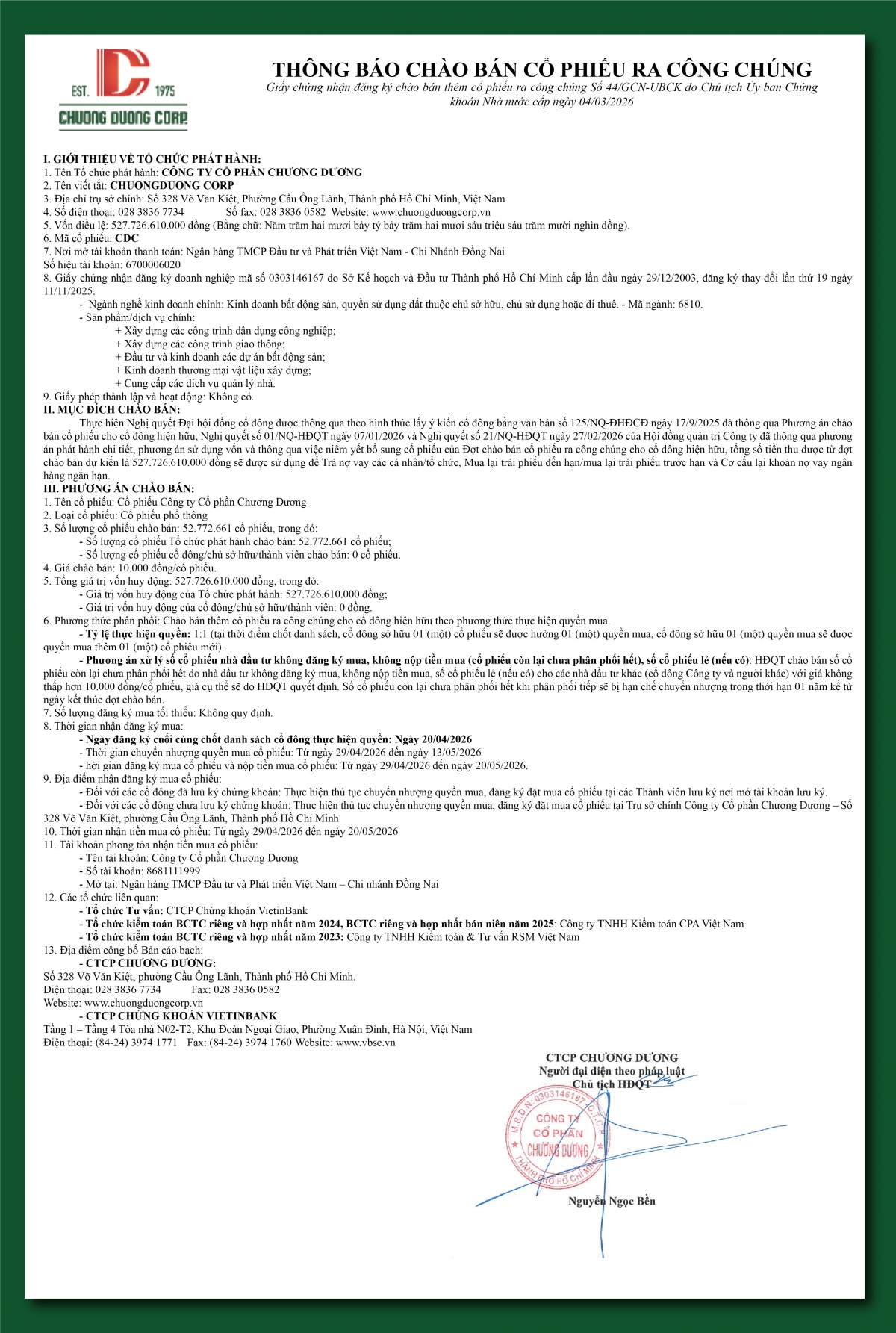 Công ty Cổ phần Chương Dương (CDC) thông báo chào bán cổ phiếu ra công chúng (Kỳ 1)