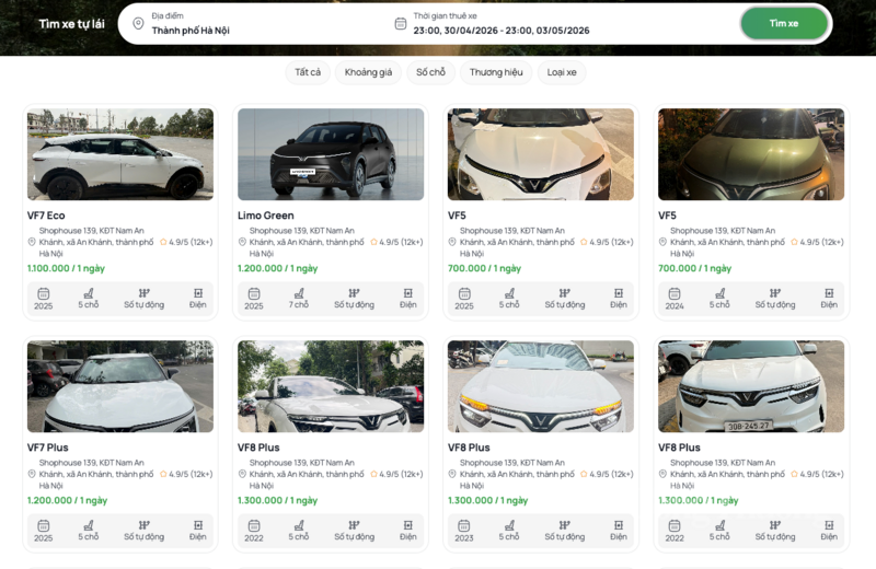 Đa dạng phân khúc xe điện trên các trang web cho thuê xe tự lái (Ảnh chụp màn hình)
