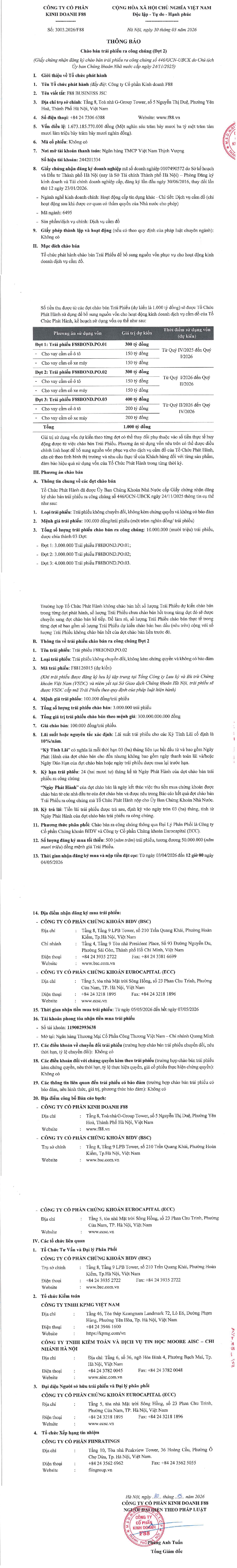 Công ty Cổ phần Kinh doanh F88 chào bán trái phiếu ra công chúng đợt 2 (kỳ 1)