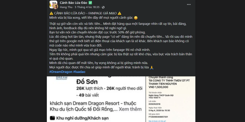 Đặt phòng khách sạn qua fanpage tưởng là uy tín nhưng khách hàng “ngã ngửa” vì vừa chuyển tiền cọc cho đối tượng lừa đảo. Ảnh chụp màn hình