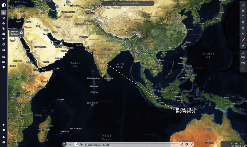 Tàu chở dầu Iran mang tên DERYA, theo dữ liệu từ TankerTrackers.com, được cho là đã đi qua eo biển Lombok (Indonesia). Ảnh: X/Tankers Trackers.