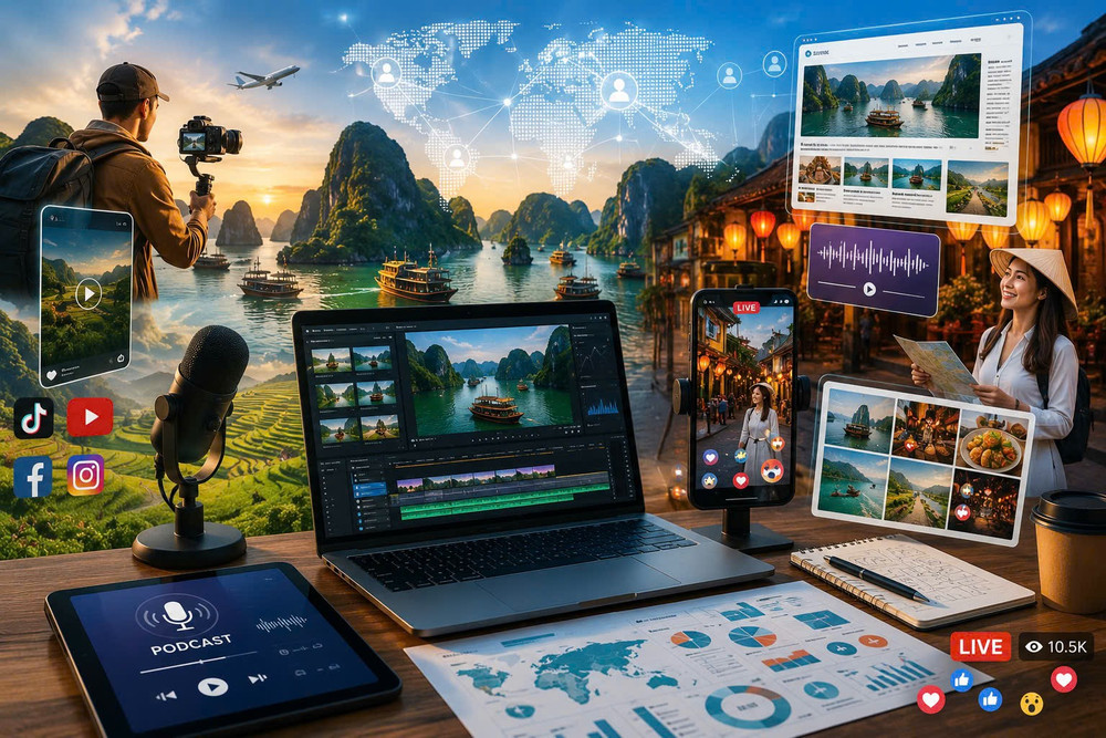 Từ video ngắn, podcast, livestream đến infographic và các sản phẩm tương tác số, báo chí đang mở rộng cách kể chuyện về du lịch, tạo thêm nhiều điểm chạm để quảng bá hình ảnh đất nước, con người và văn hóa Việt Nam trên không gian số. 2aoboqc1rm5dmwlwy46ml5wtdw2p3vqcatgcrnry.jpg