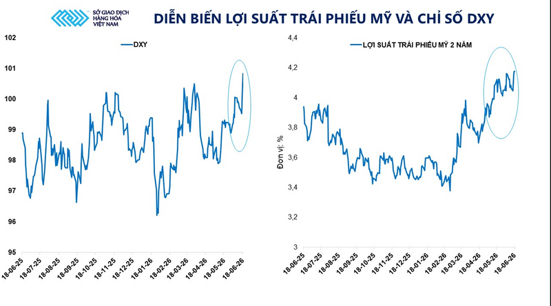 Diễn biến lợi suất trái phiếu Mỹ và chỉ số DXY. Nguồn: MXV