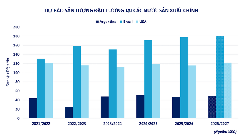 Dự báo sản lượng đậu tương tại các nước sản xuất chính. Nguồn: MXV