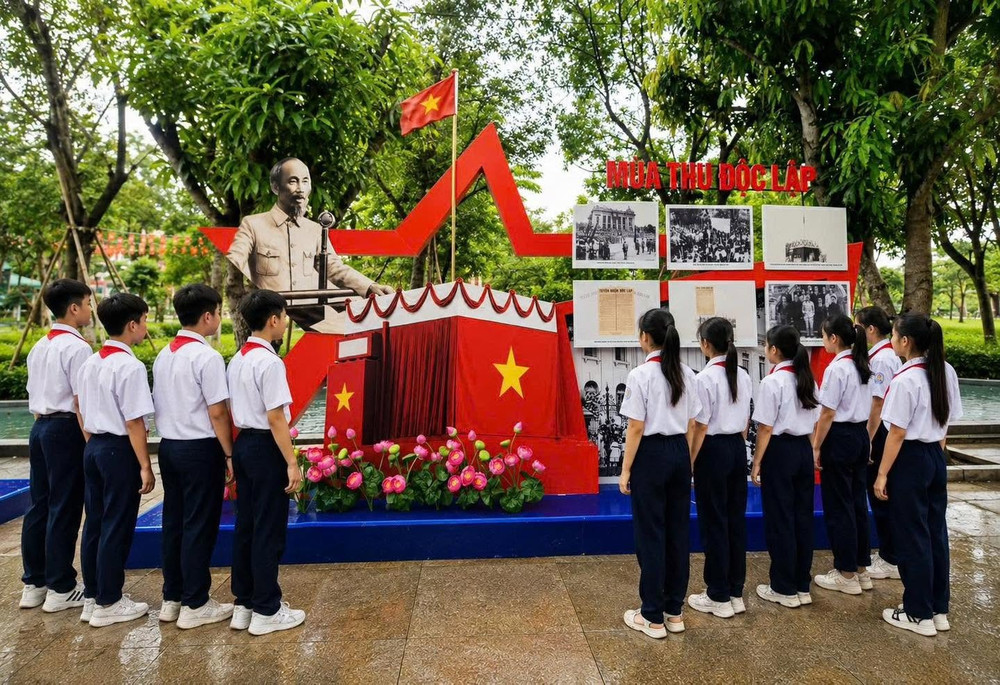“Mùa Thu Độc lập” là điểm nhấn của hành trình. Hình ảnh Chủ tịch Hồ Chí Minh đọc Tuyên ngôn Độc lập tại Quảng trường Ba Đình ngày 2/9/1945 được đặt trong dòng chảy của Cách mạng Tháng Tám, tái hiện khoảnh khắc dân tộc Việt Nam bước vào kỷ nguyên độc lập, tự do. Ảnh V.Ng 7.jpg