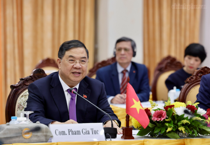 Phó Thủ tướng Thường trực Phạm Gia Túc hội đàm với Phó Thủ tướng Thường trực Lào Saleumxay Kommasith - Ảnh: chinhphu.vn/Phương Nguyên