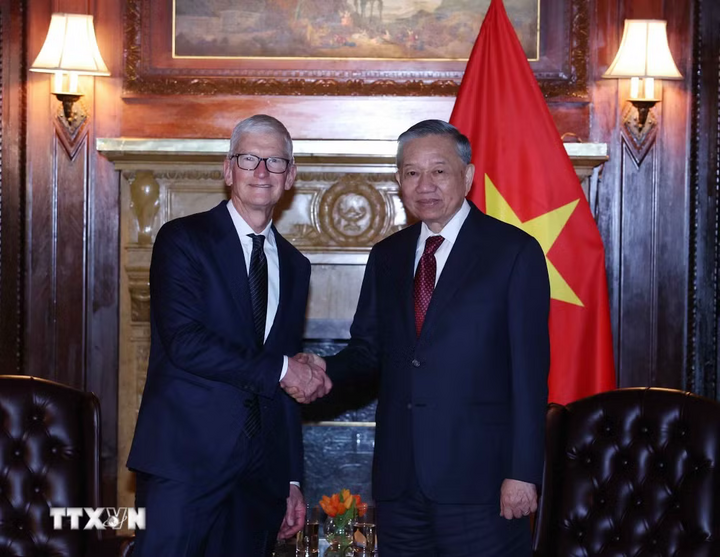 Tổng Bí thư, Chủ tịch nước Tô Lâm tiếp ông Tim Cook, Chủ tịch điều hành Tập đoàn Apple. Ảnh: Thống Nhất/TTXVN