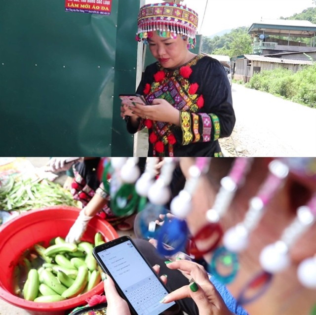 Lý Thị Quyên sử dụng điện thoại thông minh để tương tác trực tuyến với khách hàng. Ảnh: VNS 29404-img-7563.jpg